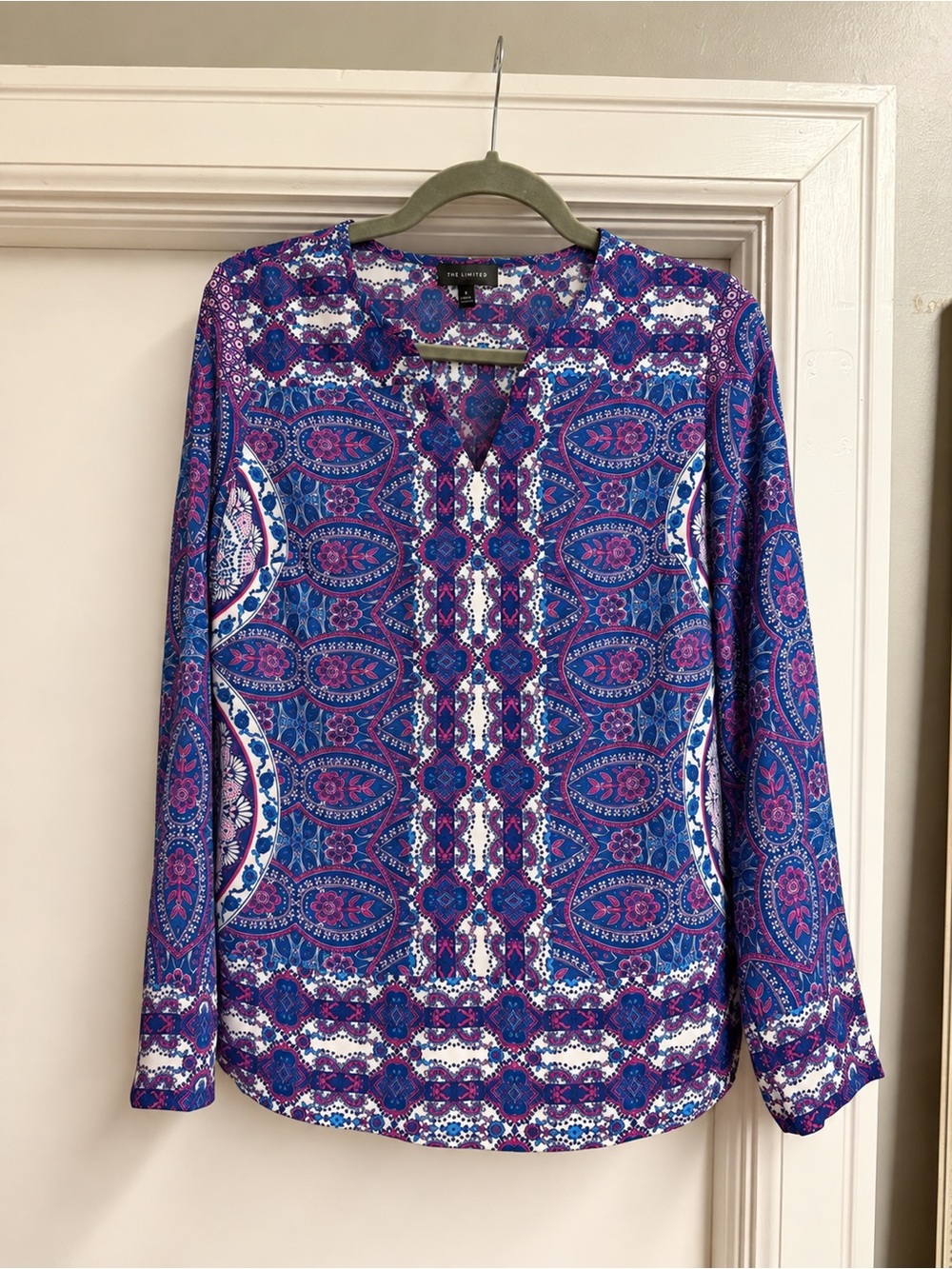 The Limited, Women's Blue & Purple Printed Long-Sleeve Blouse, Size S
